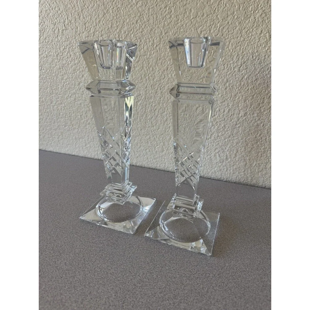 Pair Clear Cut Crystal Glass Candlestick Holders 10” Tall Geometric Square Base